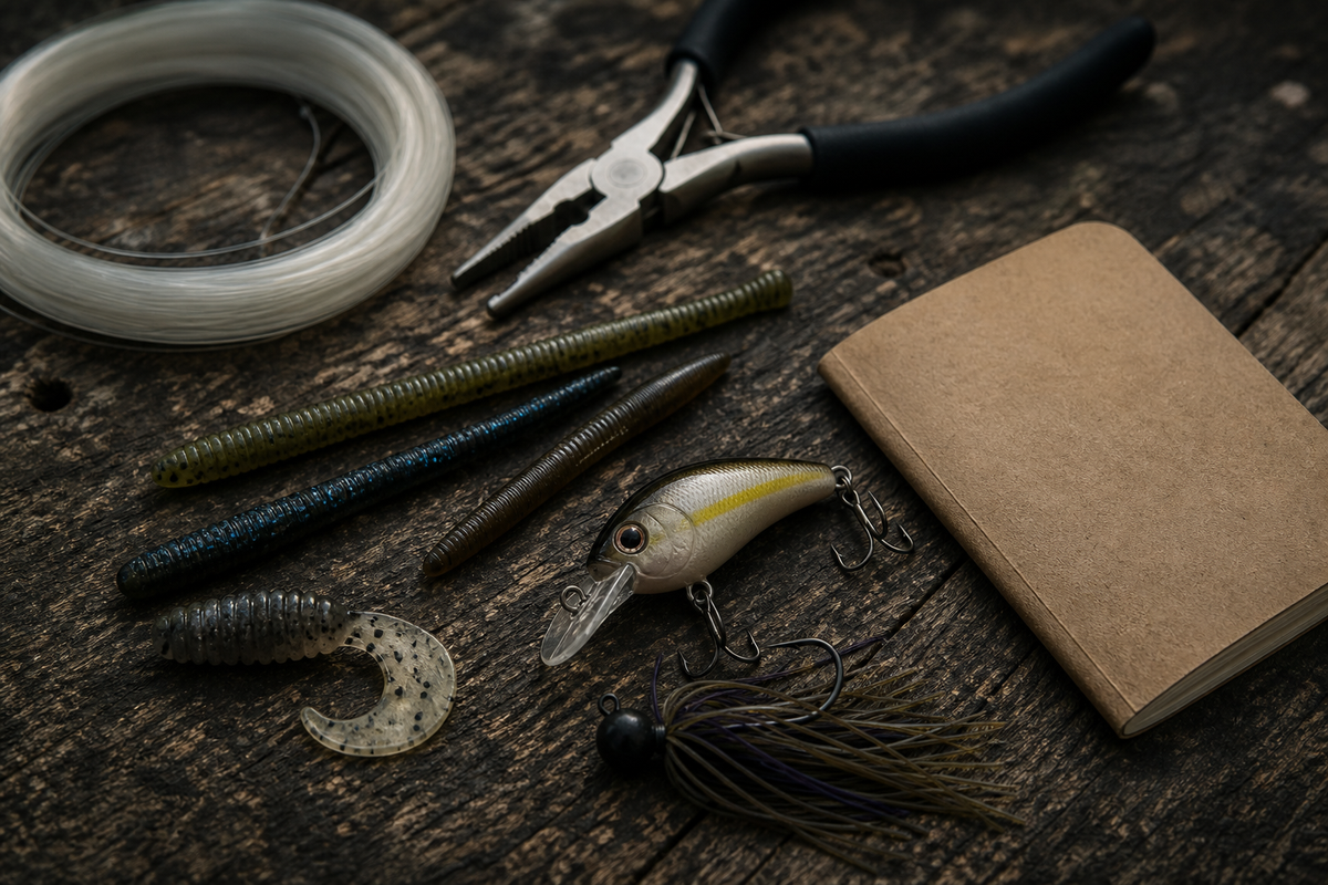 Bass lures, line and pliers on a weathered bench