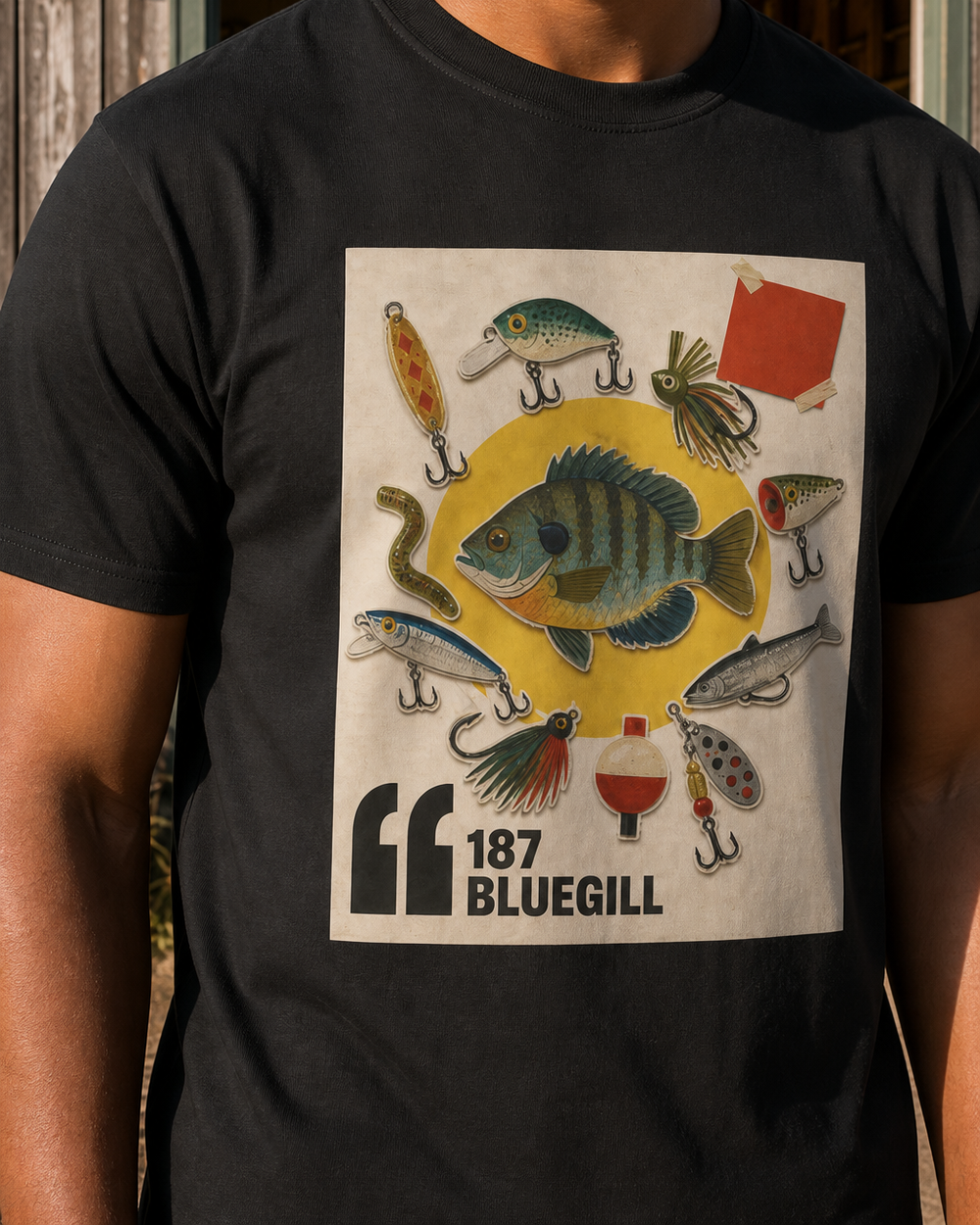 187 Bluegill tee — black, worn, side