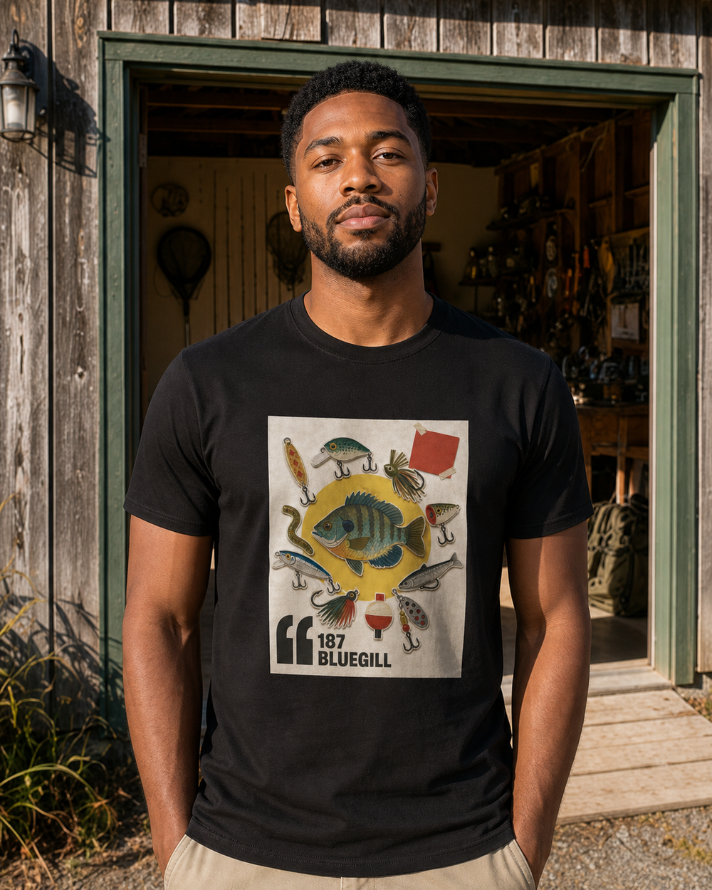 187 Bluegill tee — black, worn, front