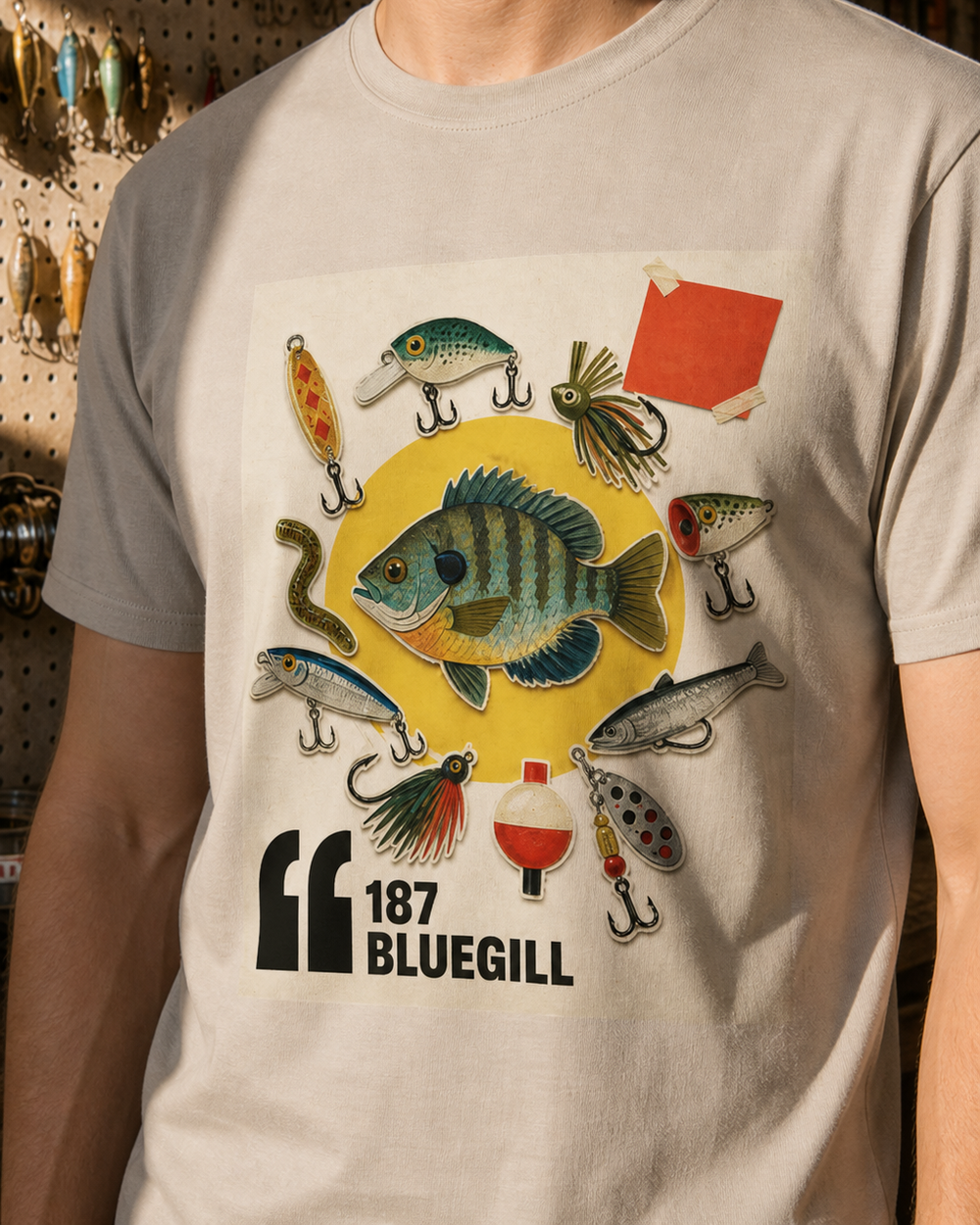 187 Bluegill tee — sand, worn, side