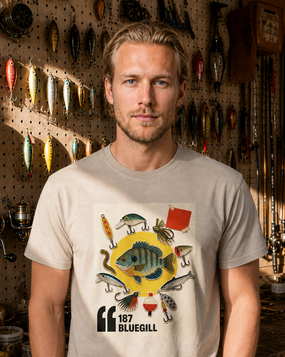 187 Bluegill tee — sand, worn, front