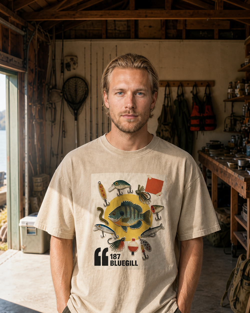 187 Bluegill washed tee — washed bone, worn, front