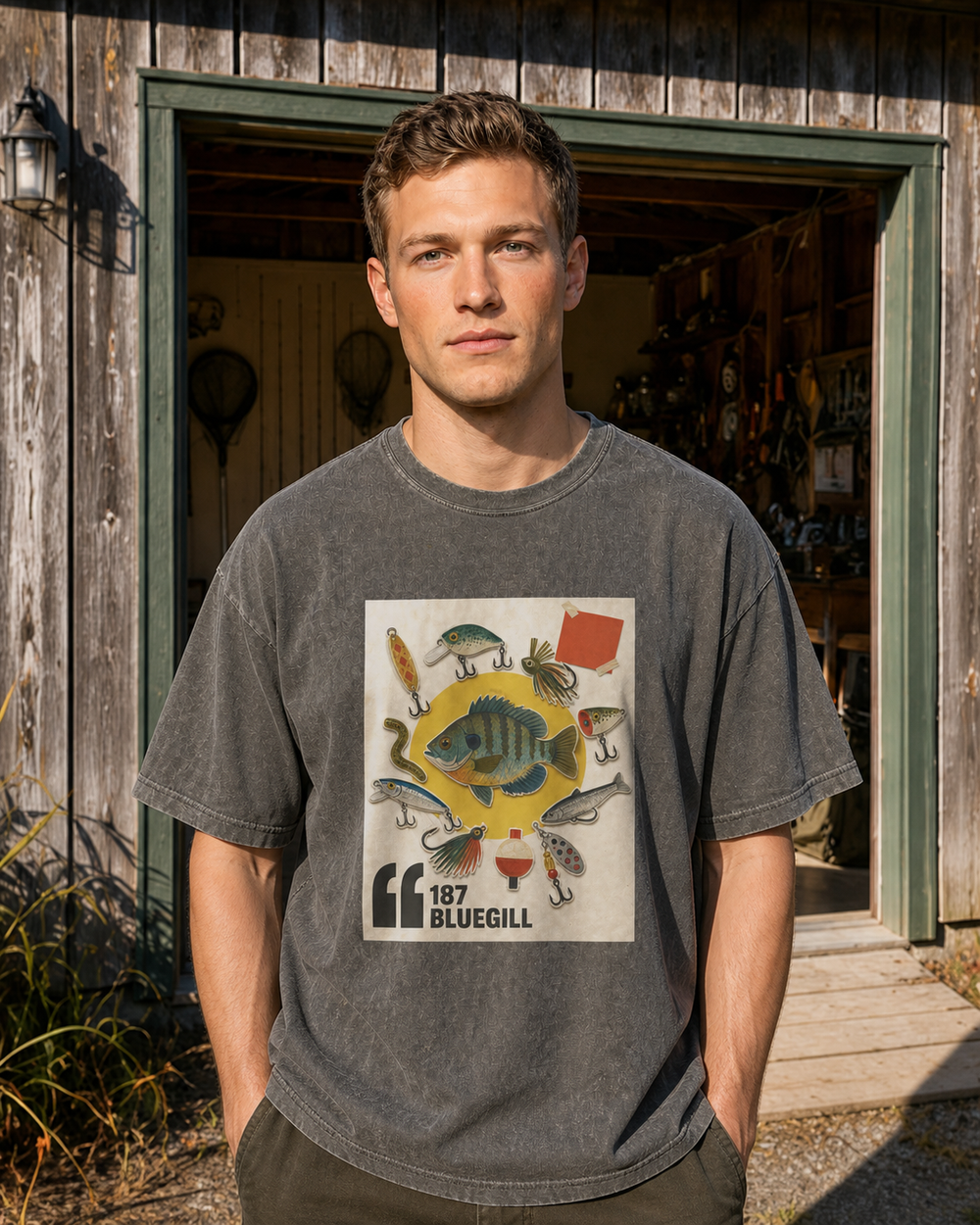 187 Bluegill washed tee — washed black, worn, front