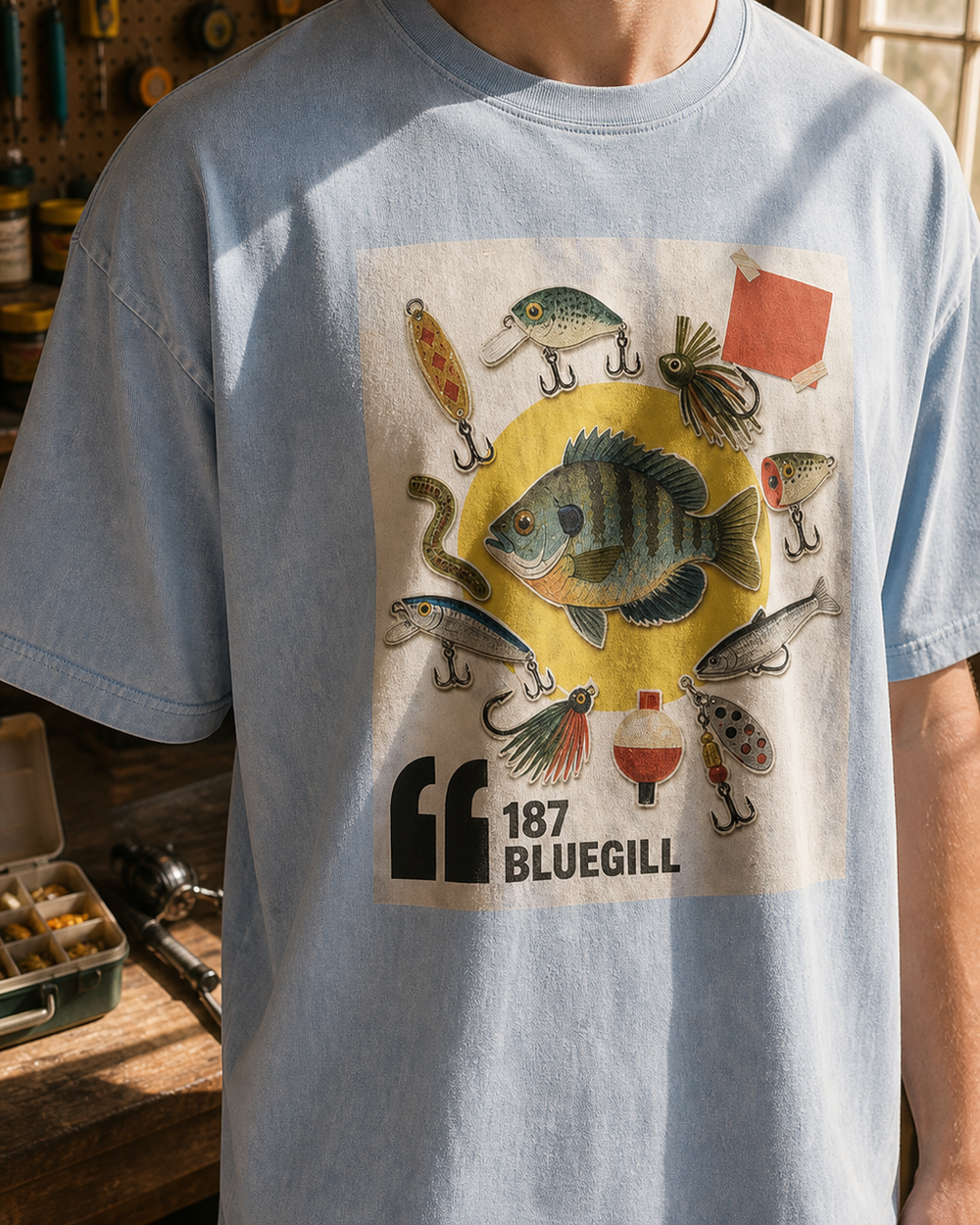 187 Bluegill washed tee — washed light blue, worn, side