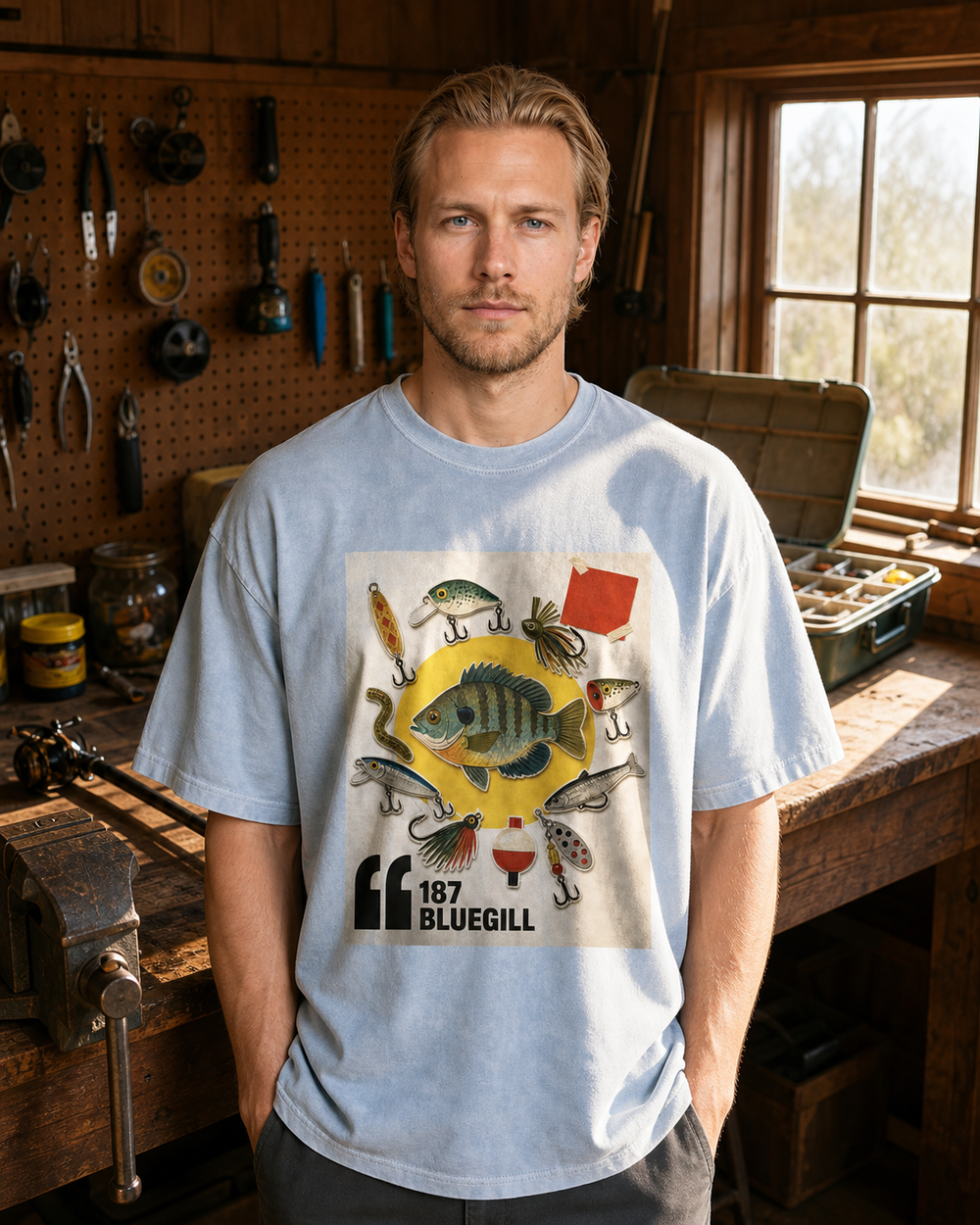 187 Bluegill washed tee — washed light blue, worn, front