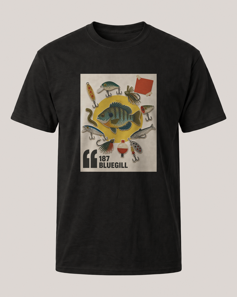 187 Bluegill tee — black, front