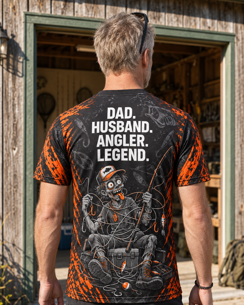Dad Husband Angler Legend Zombie performance tee