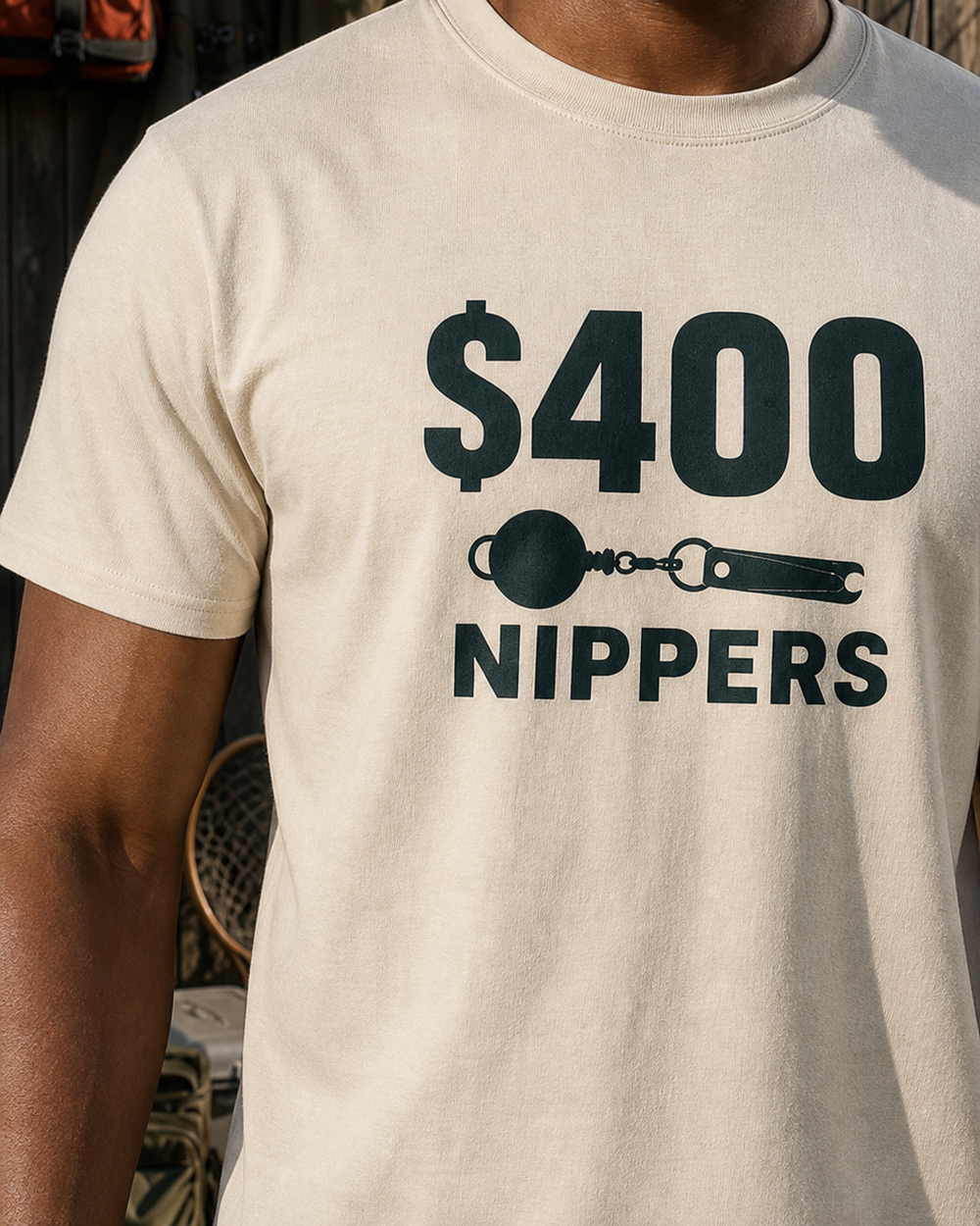 $400 Nippers Bold tee — bone, worn, side