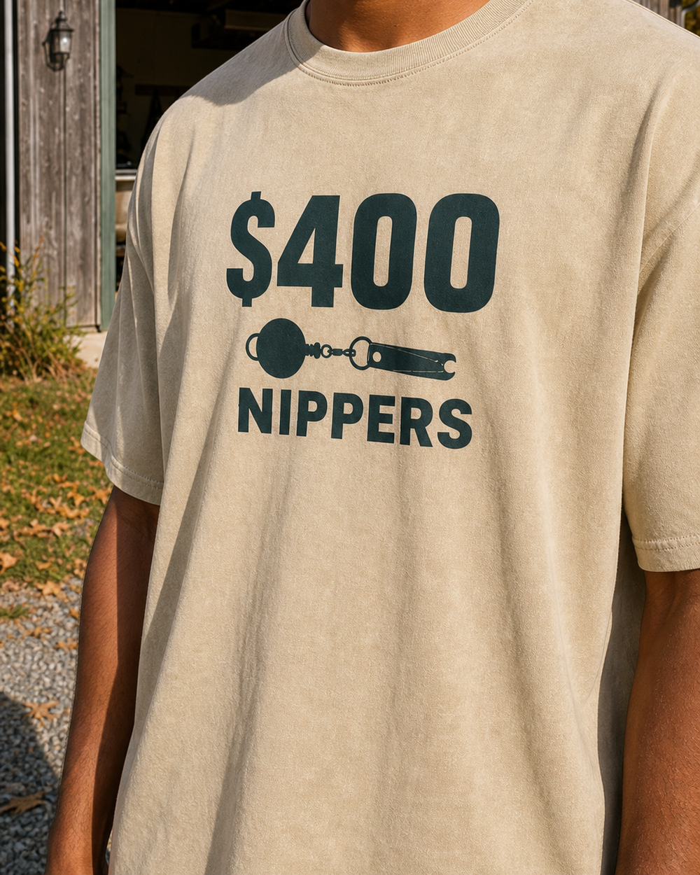 $400 Nippers Bold washed tee — washed bone, worn, side