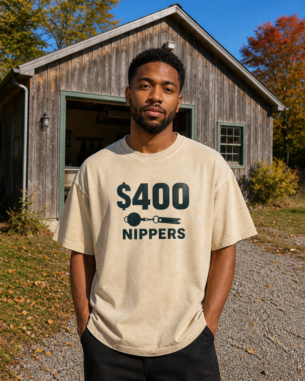$400 Nippers Bold washed tee — washed bone, worn, front