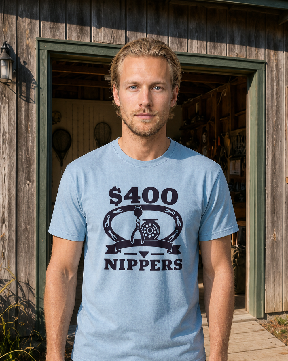 $400 Nippers Heritage tee — light blue, worn, front