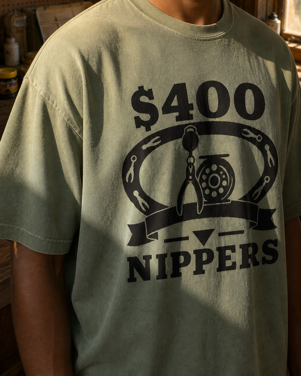$400 Nippers Heritage washed tee — washed sage, worn, side