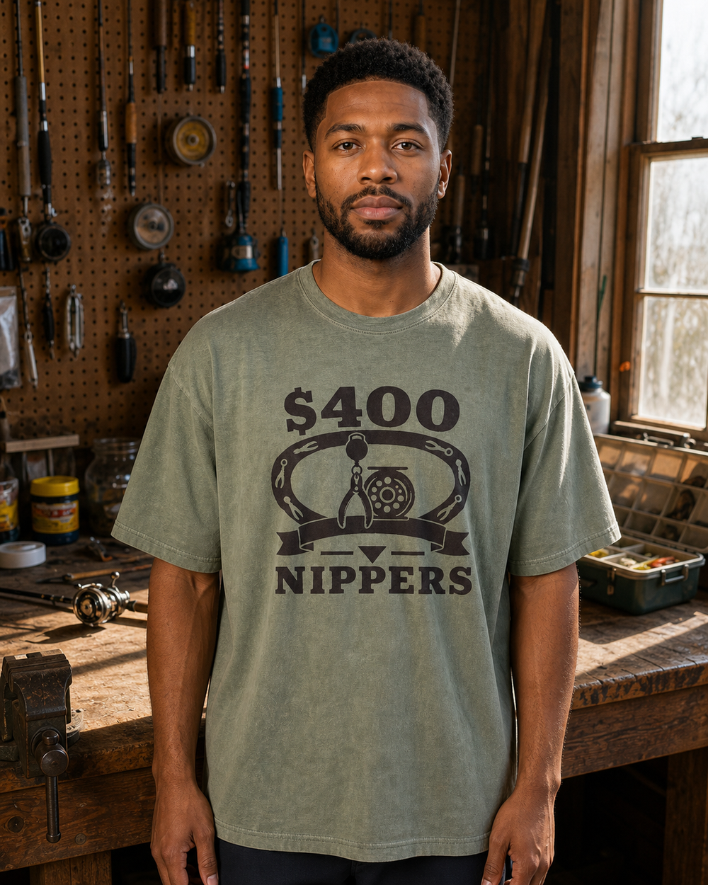 $400 Nippers Heritage washed tee — washed sage, worn, front