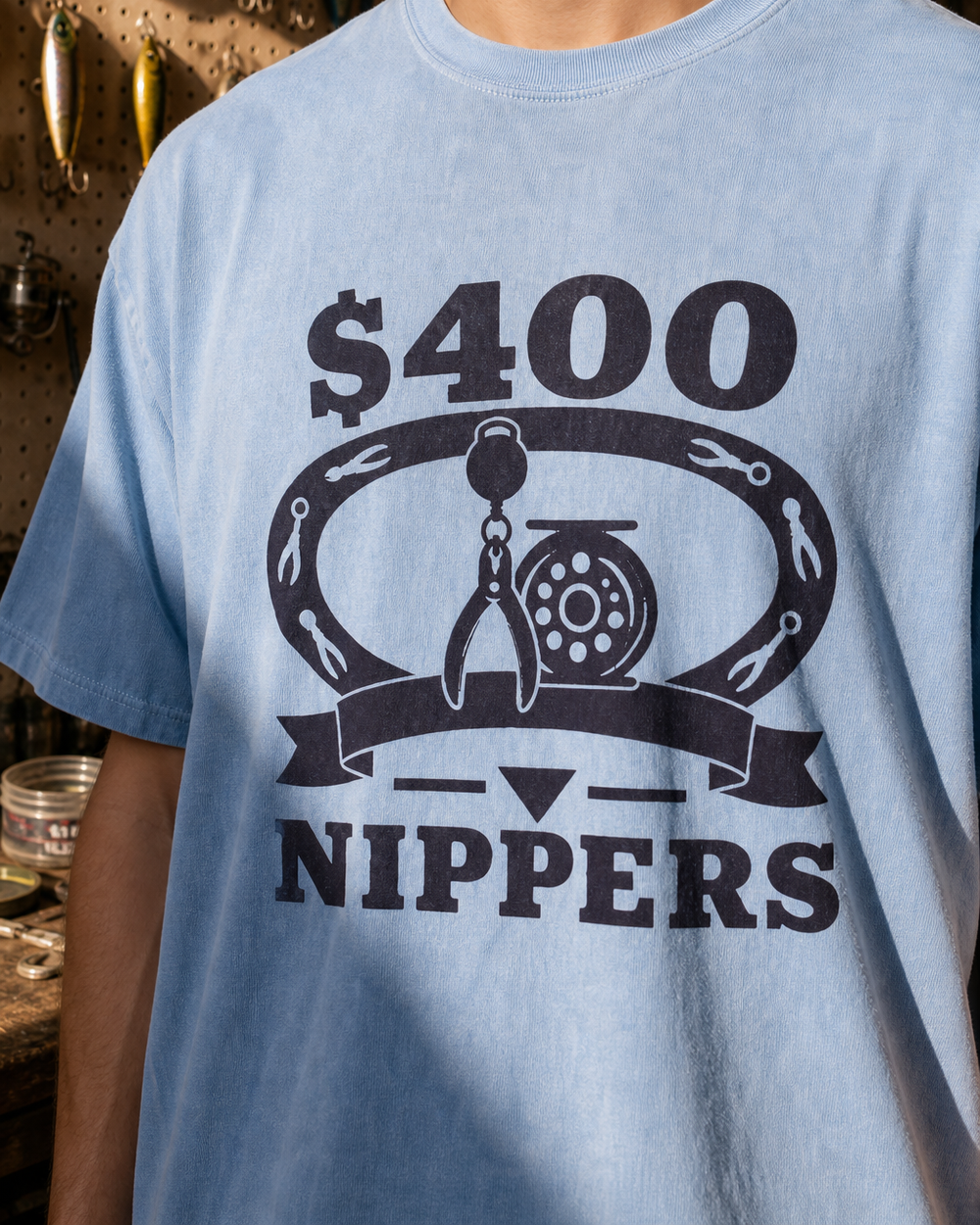 $400 Nippers Heritage washed tee — washed light blue, worn, side