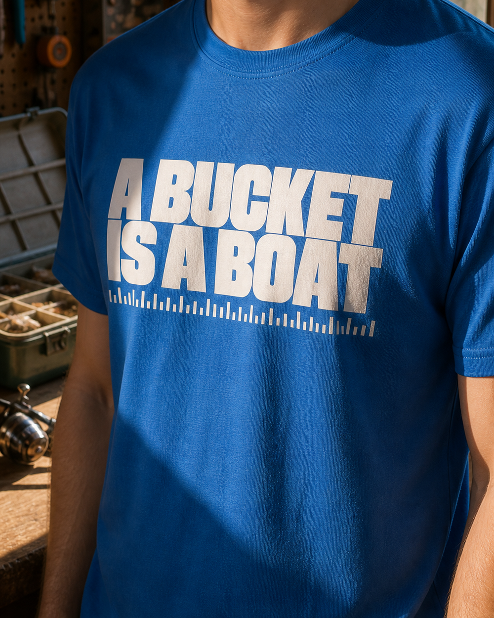 A Bucket Is A Boat tee — royal, worn, side