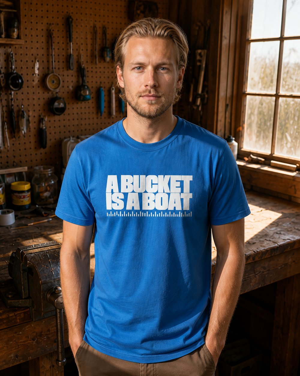 A Bucket Is A Boat tee — royal, worn, front