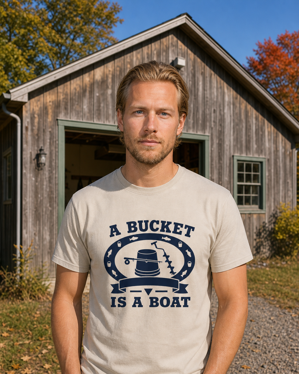 A Bucket Is A Boat Heritage tee — sand, worn, front