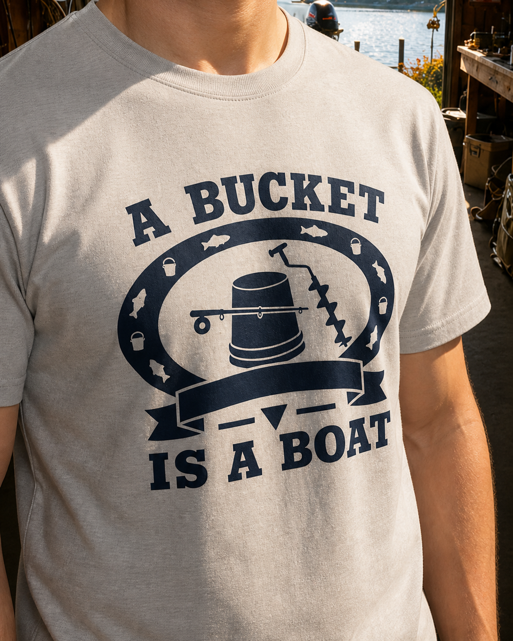 A Bucket Is A Boat Heritage tee — sports grey, worn, side