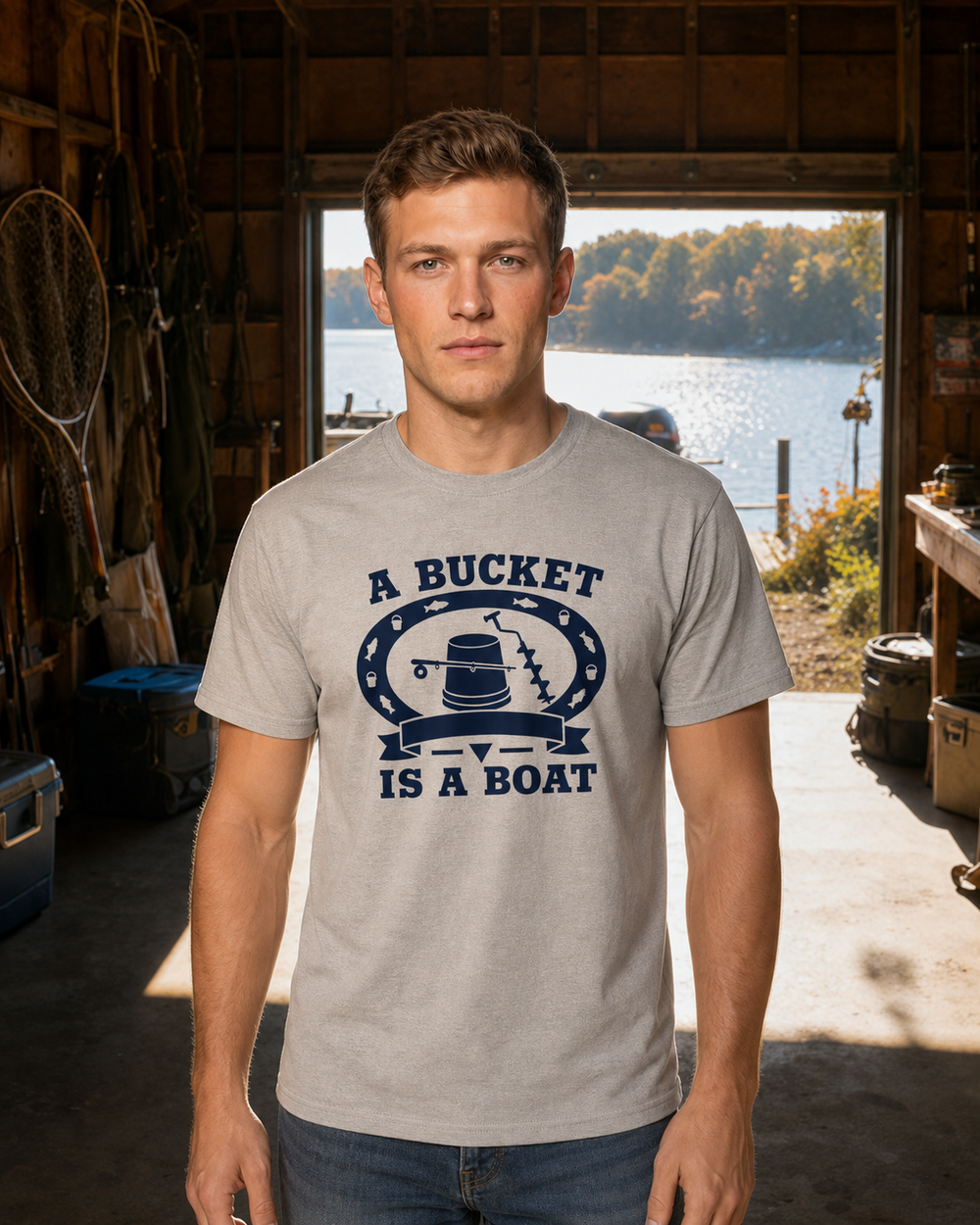 A Bucket Is A Boat Heritage tee — sports grey, worn, front