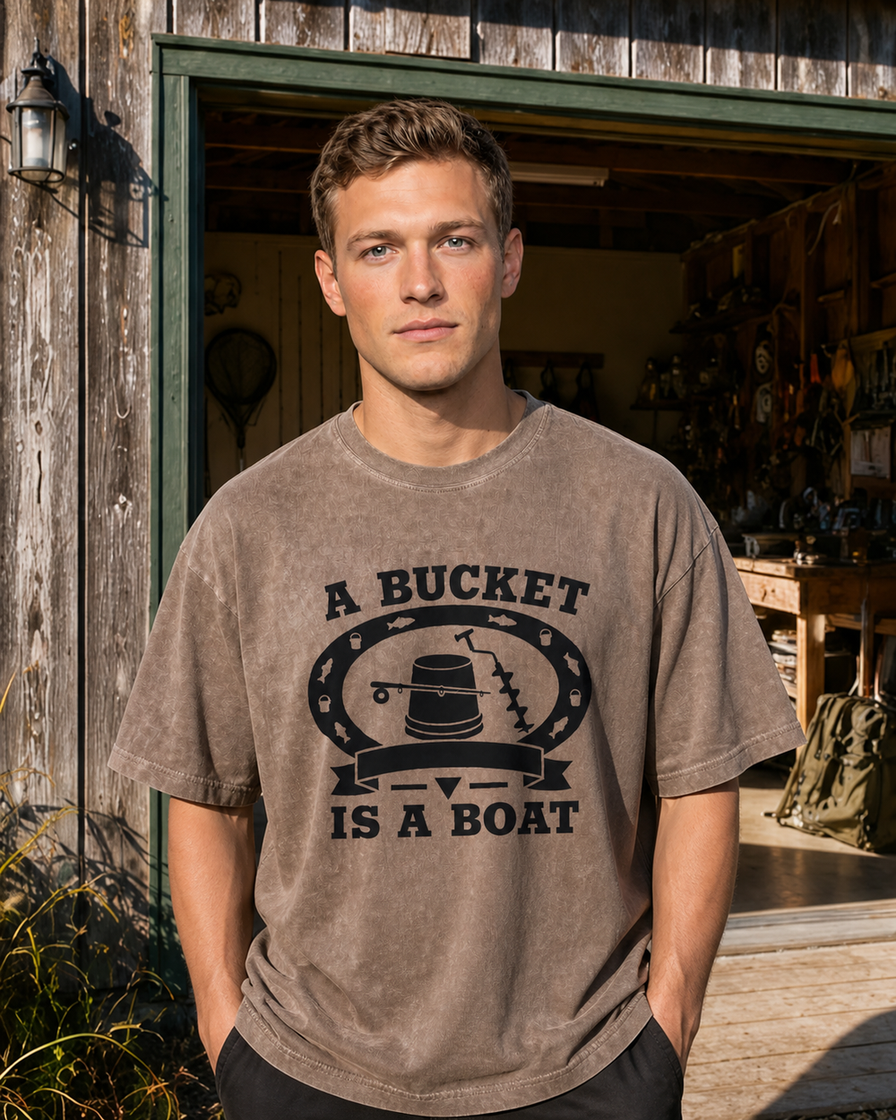 A Bucket Is A Boat Heritage washed tee — washed coffee, worn, front