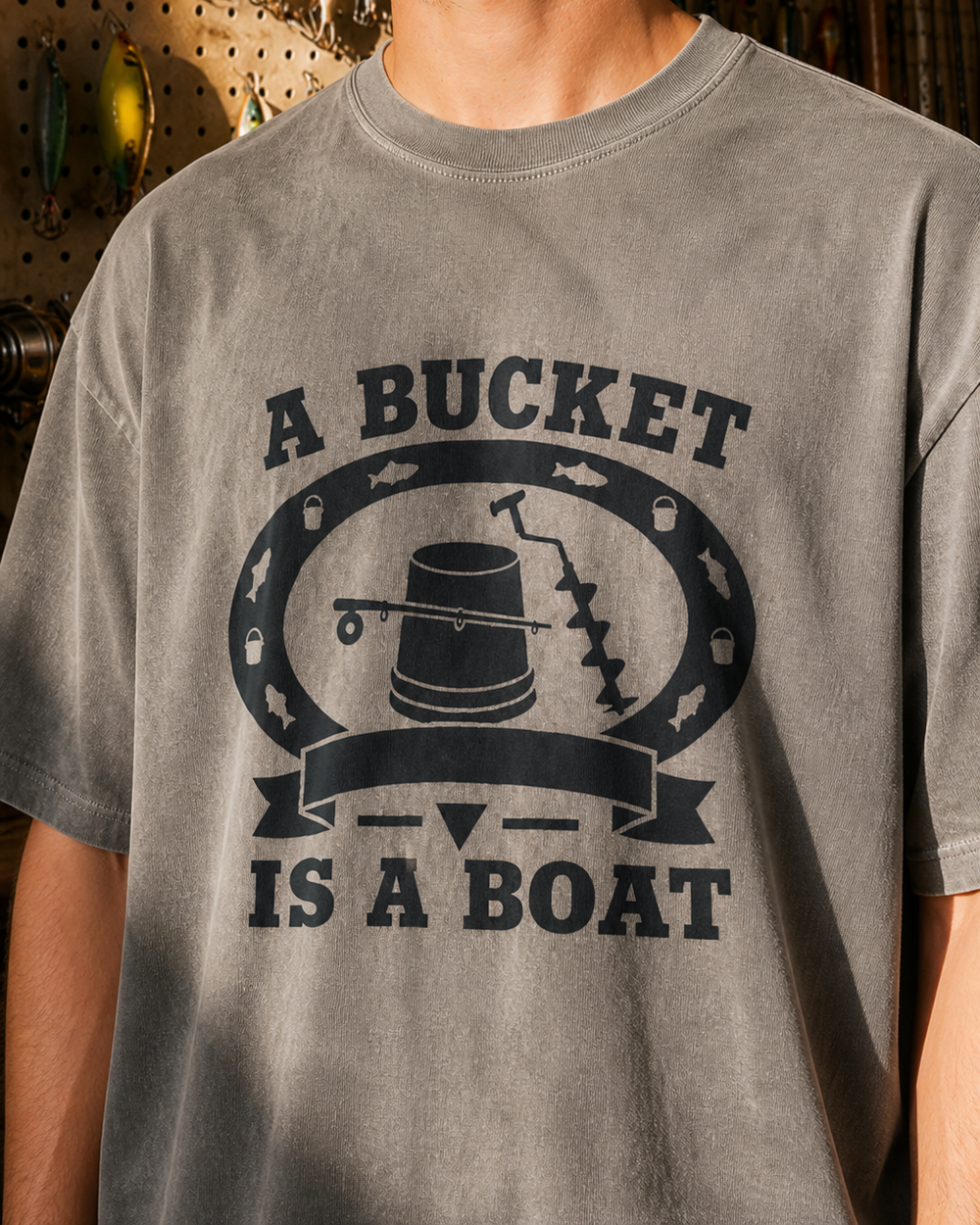 A Bucket Is A Boat Heritage washed tee — washed charcoal, worn, side