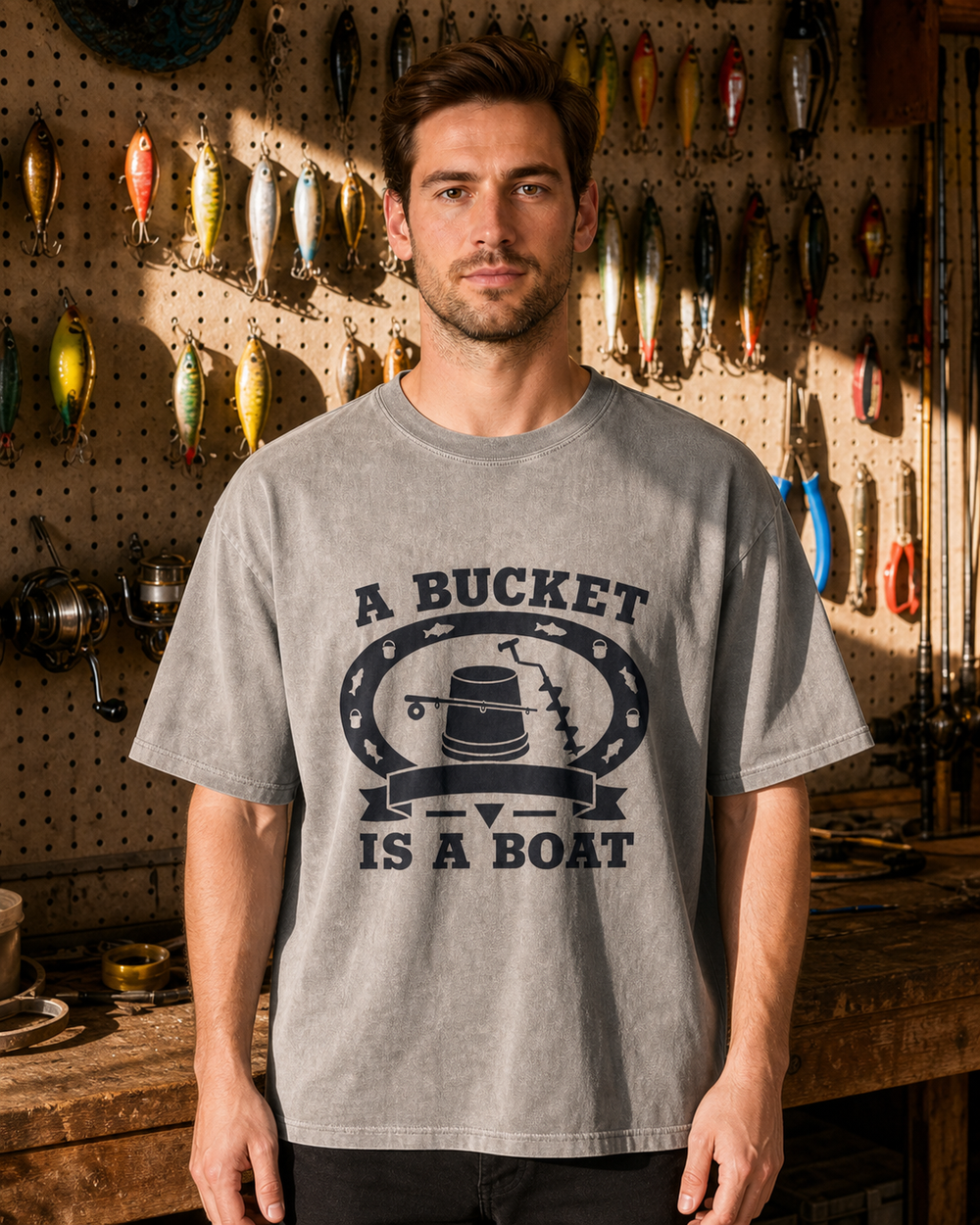 A Bucket Is A Boat Heritage washed tee — washed charcoal, worn, front