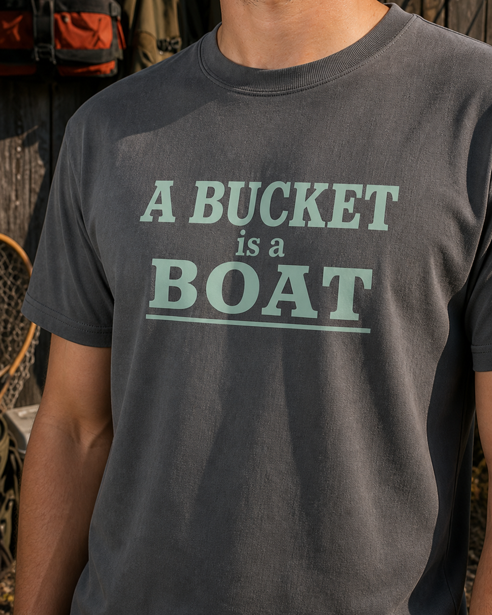 A Bucket Is A Boat Stacked tee — charcoal, worn, side