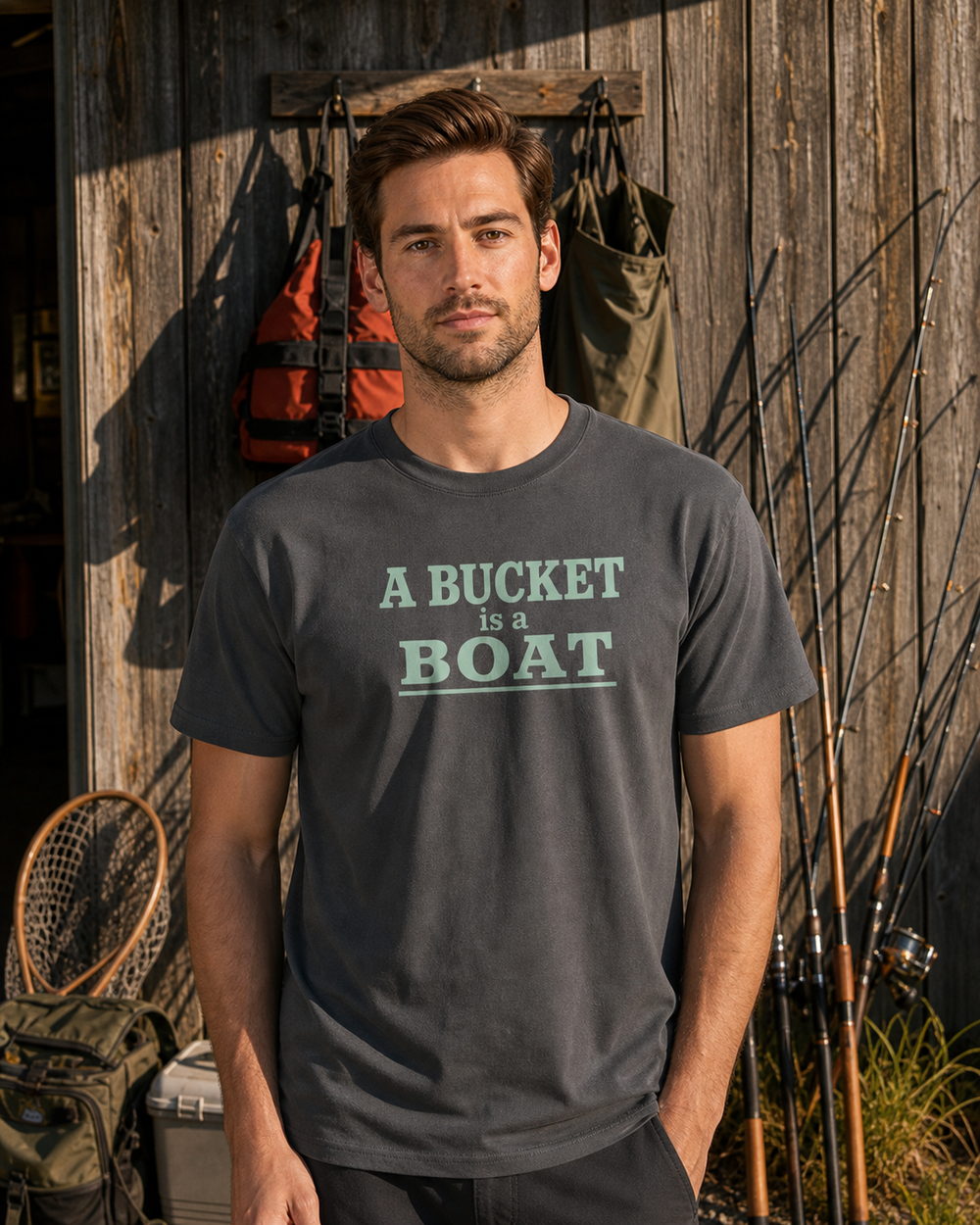 A Bucket Is A Boat Stacked tee — charcoal, worn, front