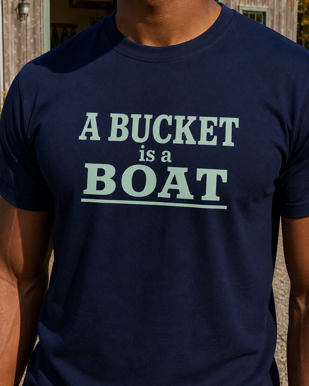 A Bucket Is A Boat Stacked tee — navy, worn, side