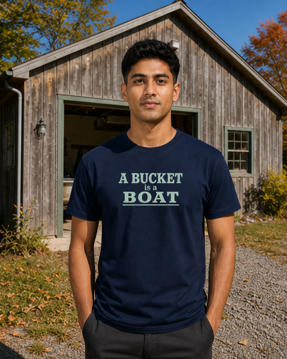 A Bucket Is A Boat Stacked tee — navy, worn, front