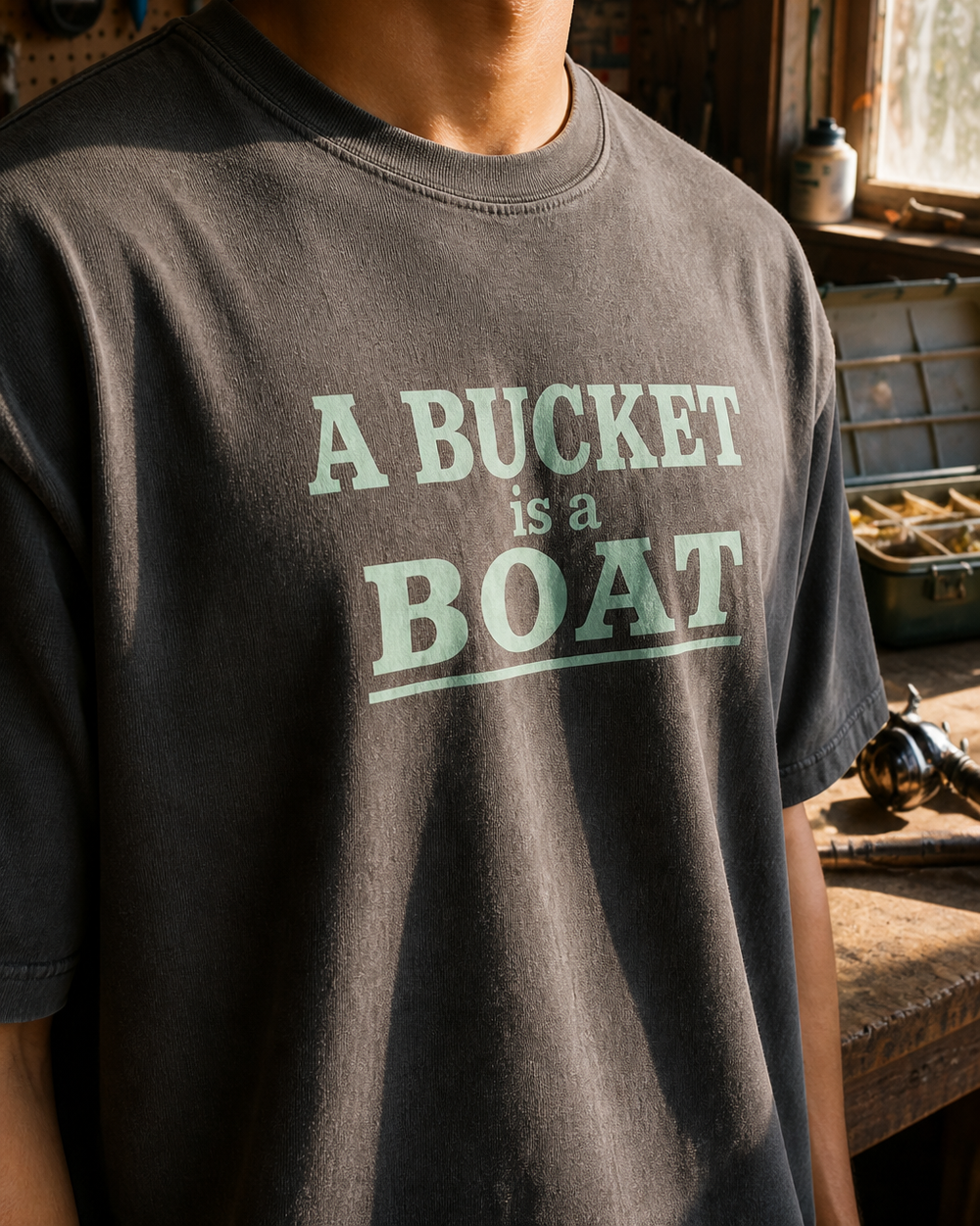 A Bucket Is A Boat Stacked washed tee — washed black, worn, side