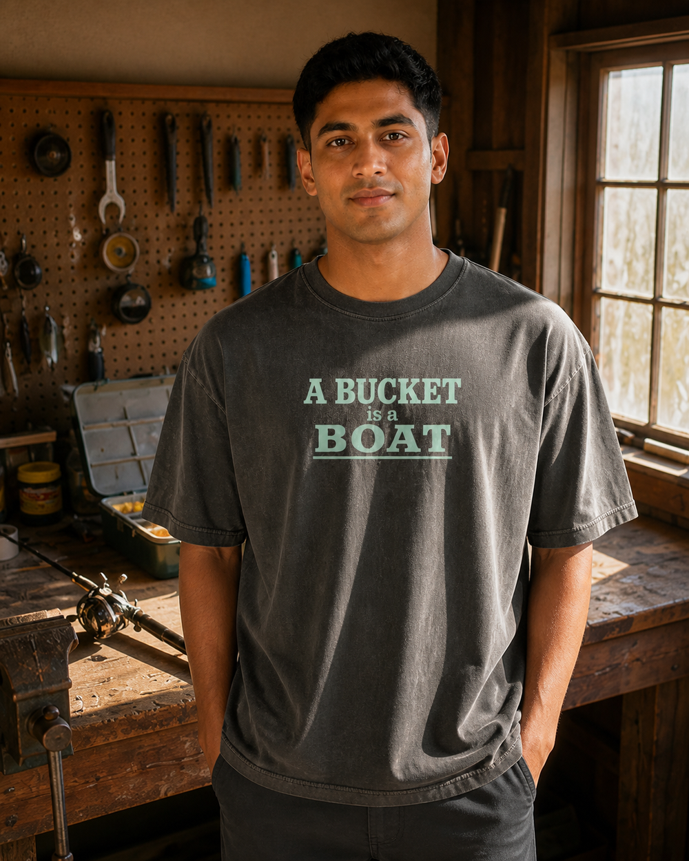 A Bucket Is A Boat Stacked washed tee — washed black, worn, front