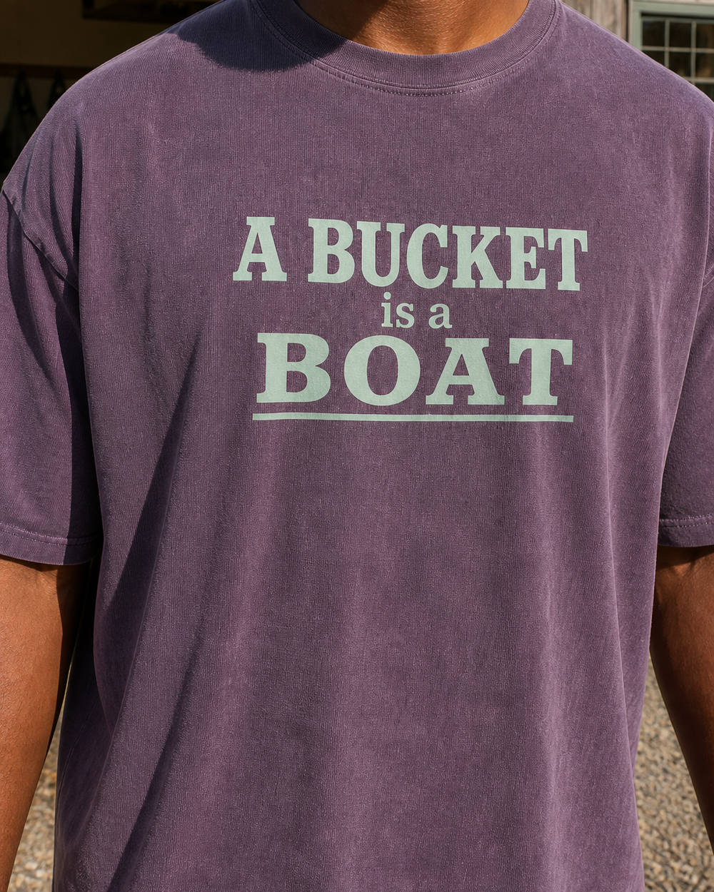 A Bucket Is A Boat Stacked washed tee — washed violet, worn, side