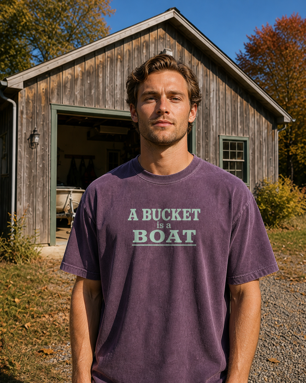 A Bucket Is A Boat Stacked washed tee — washed violet, worn, front