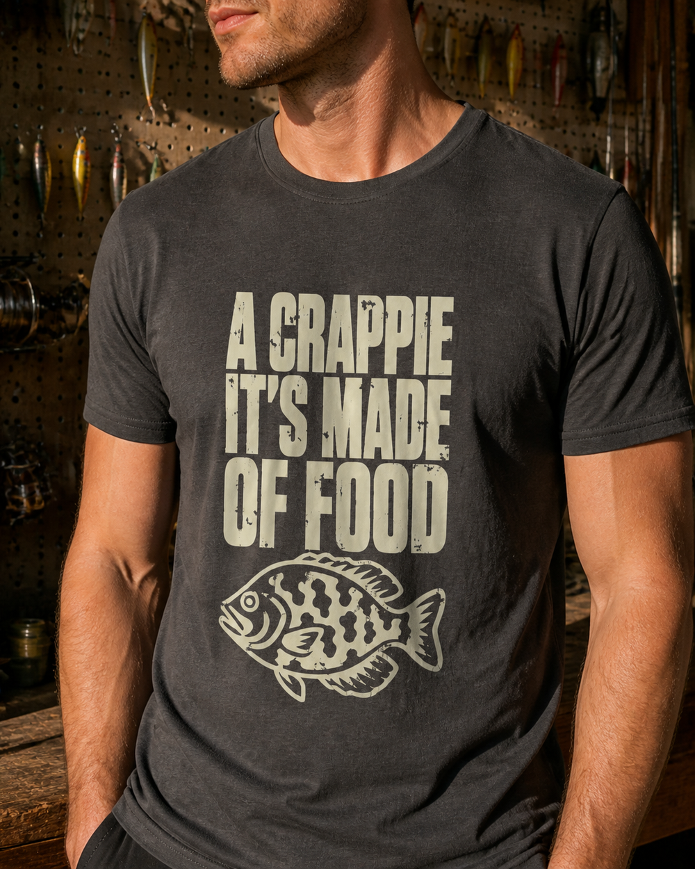 A Crappie, It's Made of Food tee — charcoal, worn, side