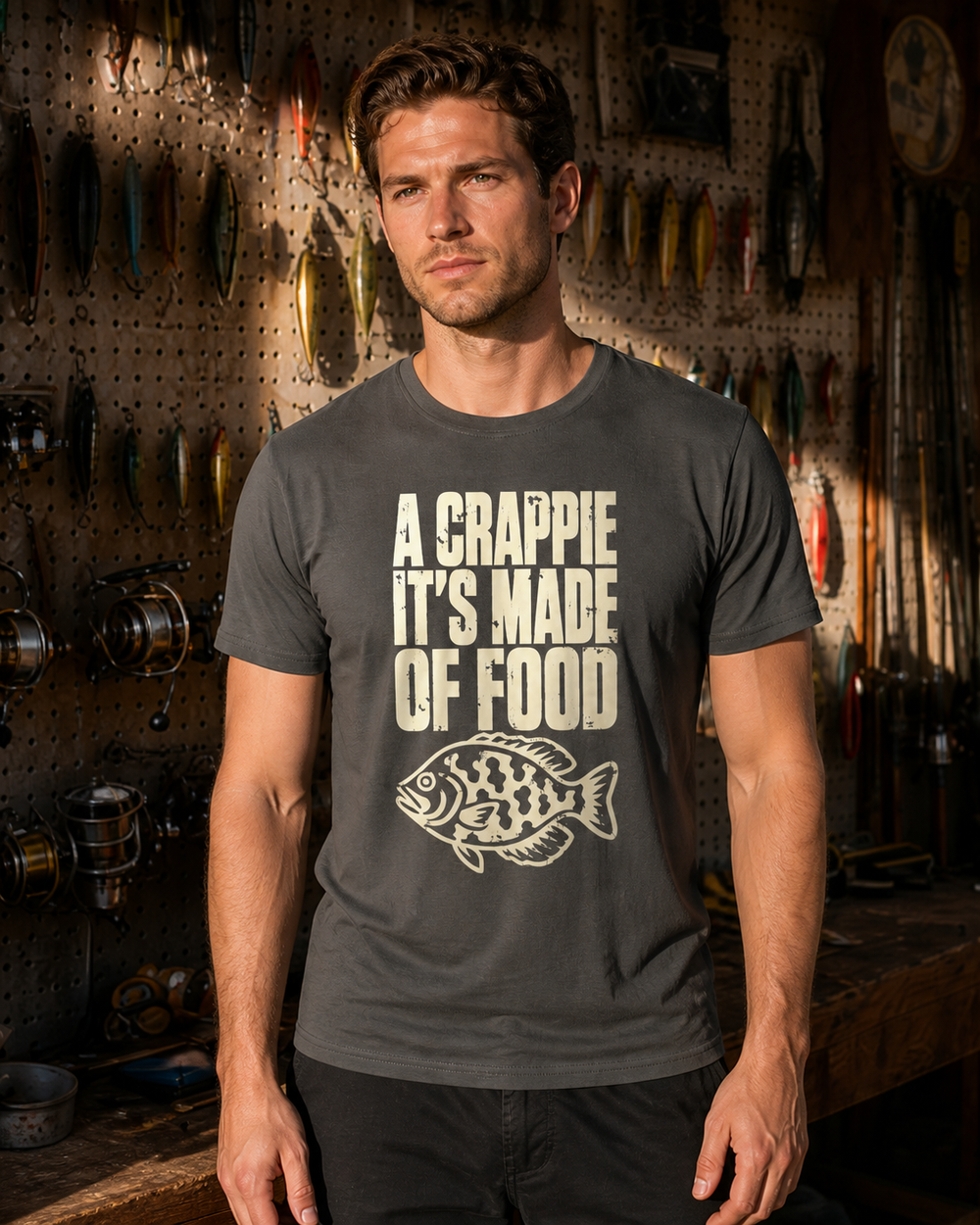 A Crappie, It's Made of Food tee — charcoal, worn, front