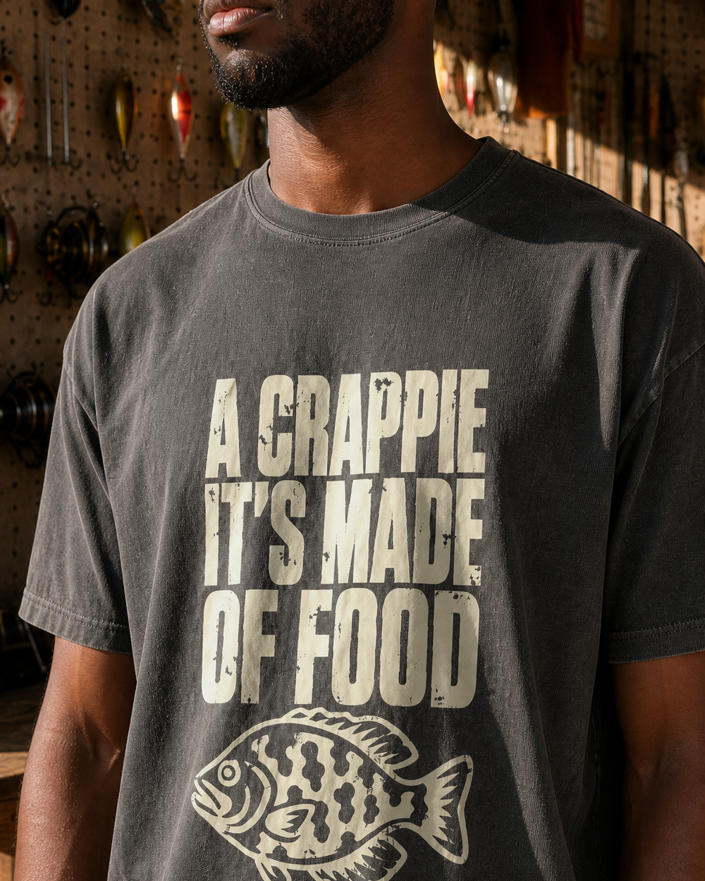 A Crappie, It's Made of Food washed tee — washed black, worn, side