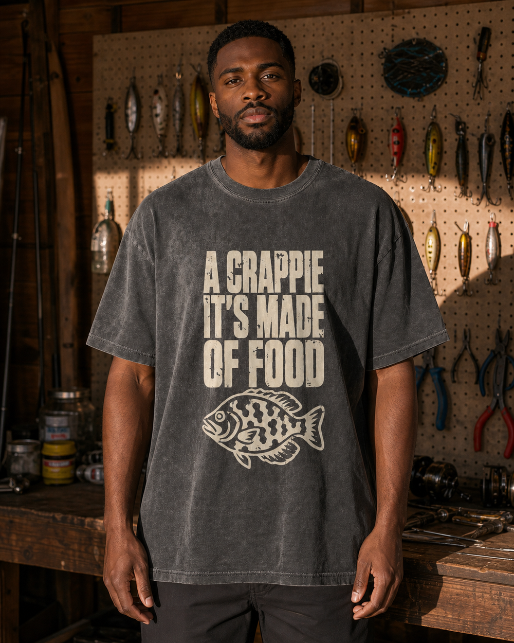 A Crappie, It's Made of Food washed tee — washed black, worn, front
