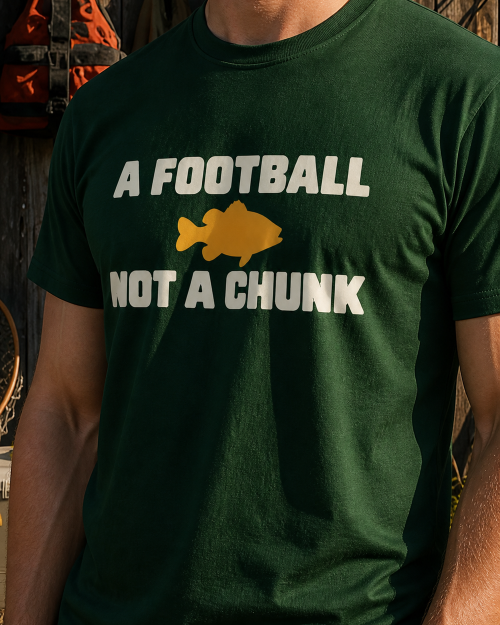 A Football, Not A Chunk tee — forest, worn, side
