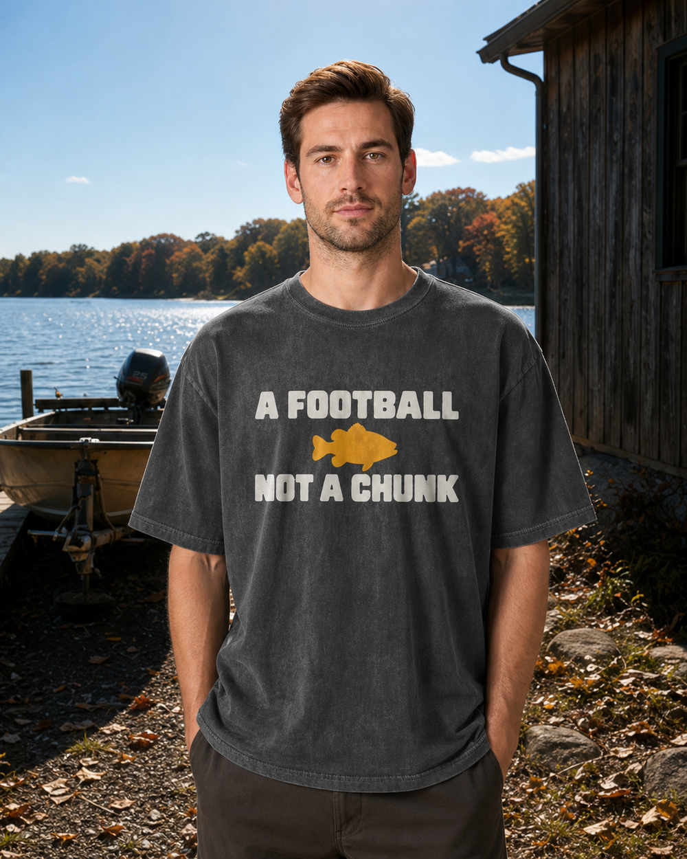 A Football, Not A Chunk washed tee — washed black, worn, front