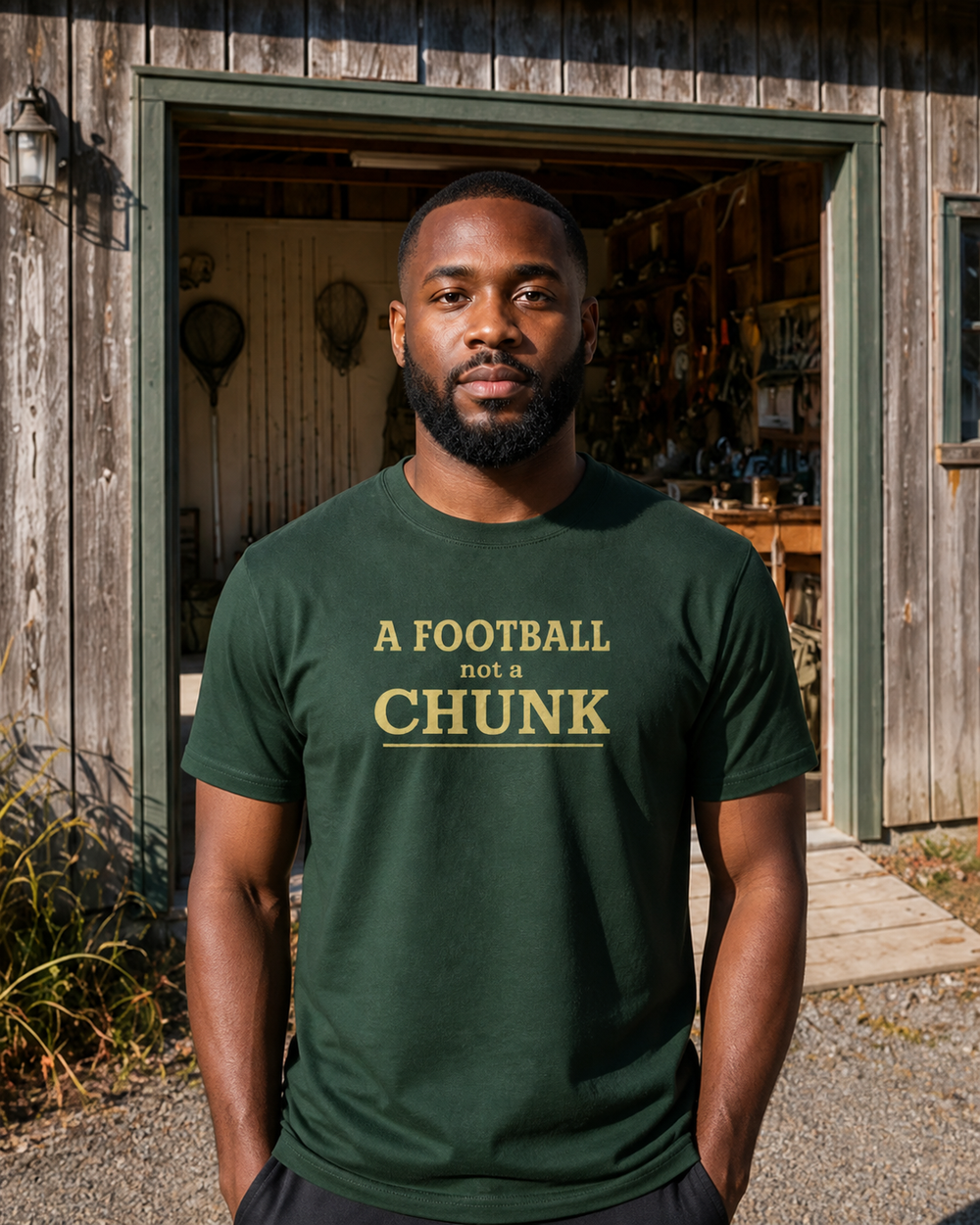 A Football Not A Chunk Stacked tee — forest, worn, front