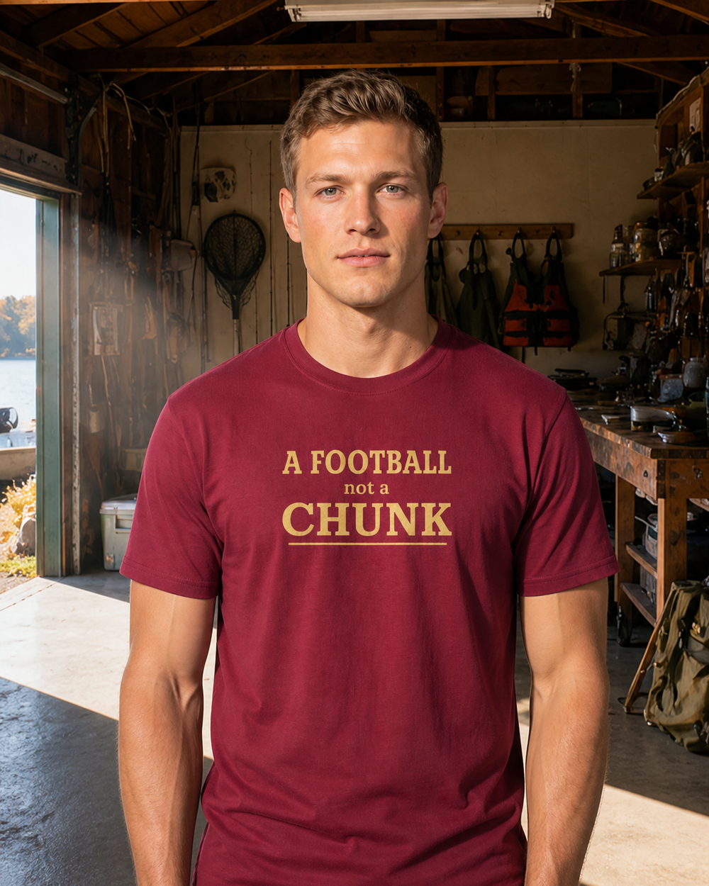 A Football Not A Chunk Stacked tee — worn, front