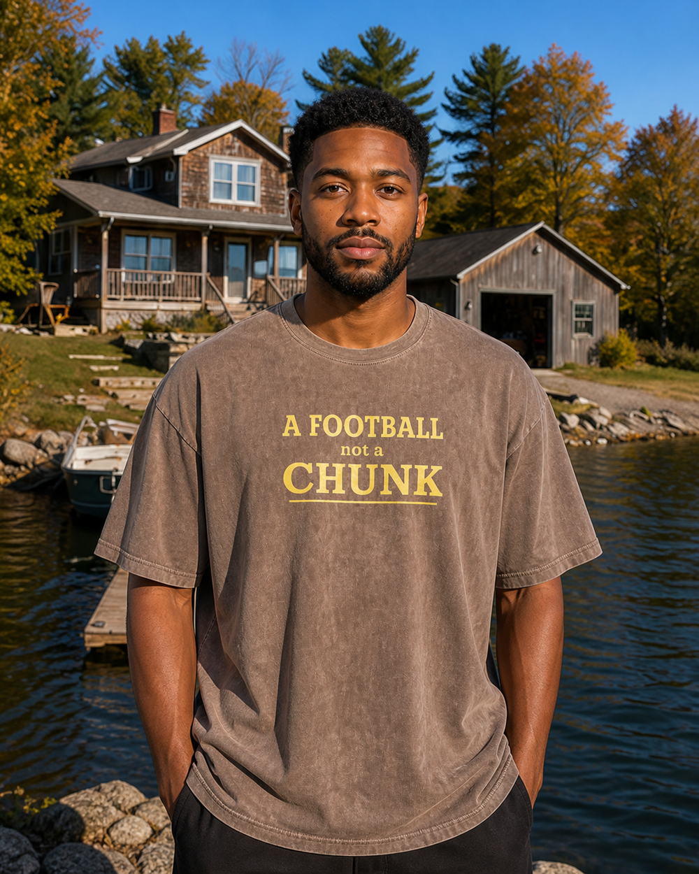 A Football Not A Chunk Stacked washed tee — washed coffee, worn, front