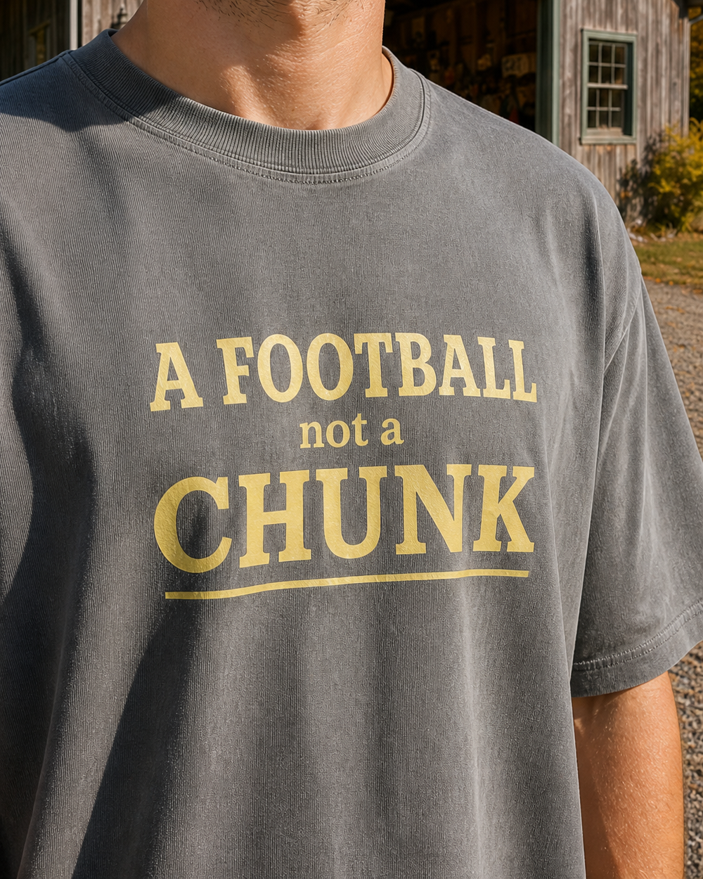 A Football Not A Chunk Stacked washed tee — washed charcoal, worn, side