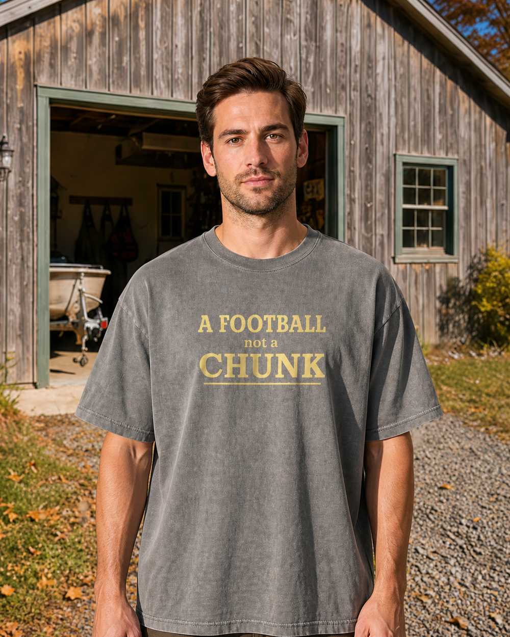 A Football Not A Chunk Stacked washed tee — washed charcoal, worn, front