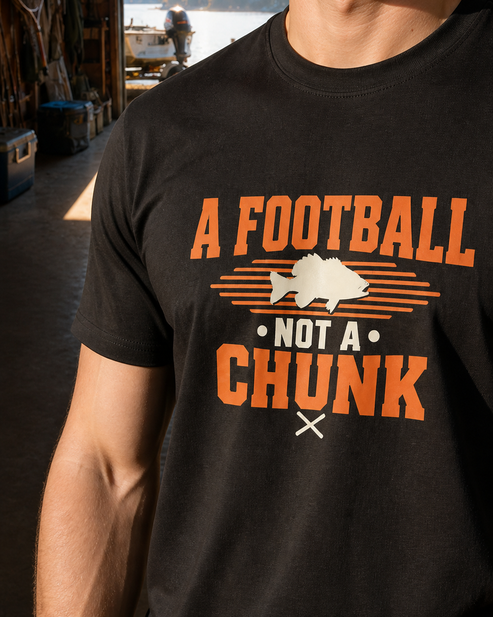 A Football Not A Chunk Two Tone tee — black, worn, side