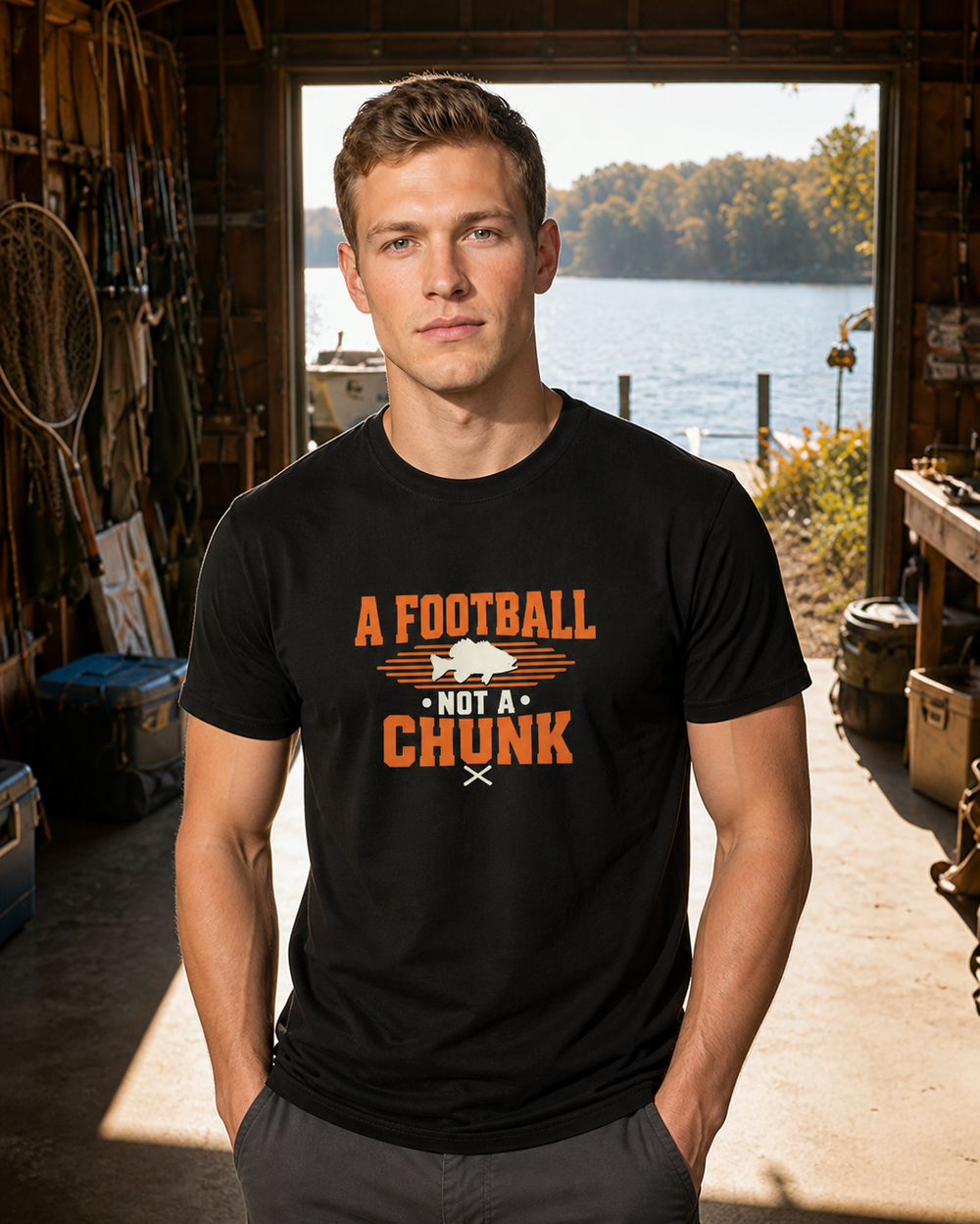 A Football Not A Chunk Two Tone tee — black, worn, front