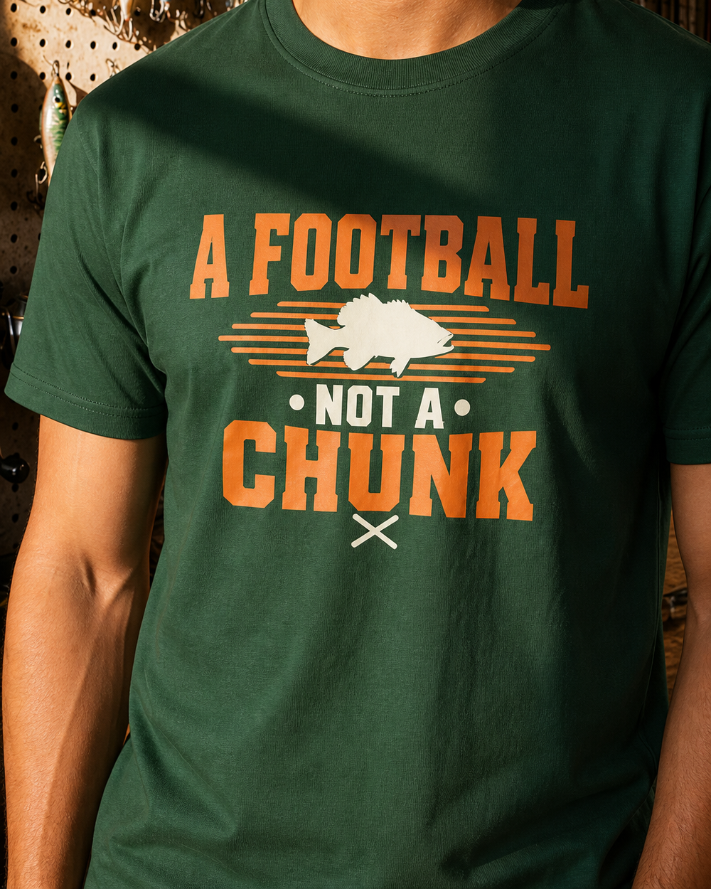 A Football Not A Chunk Two Tone tee — forest, worn, side