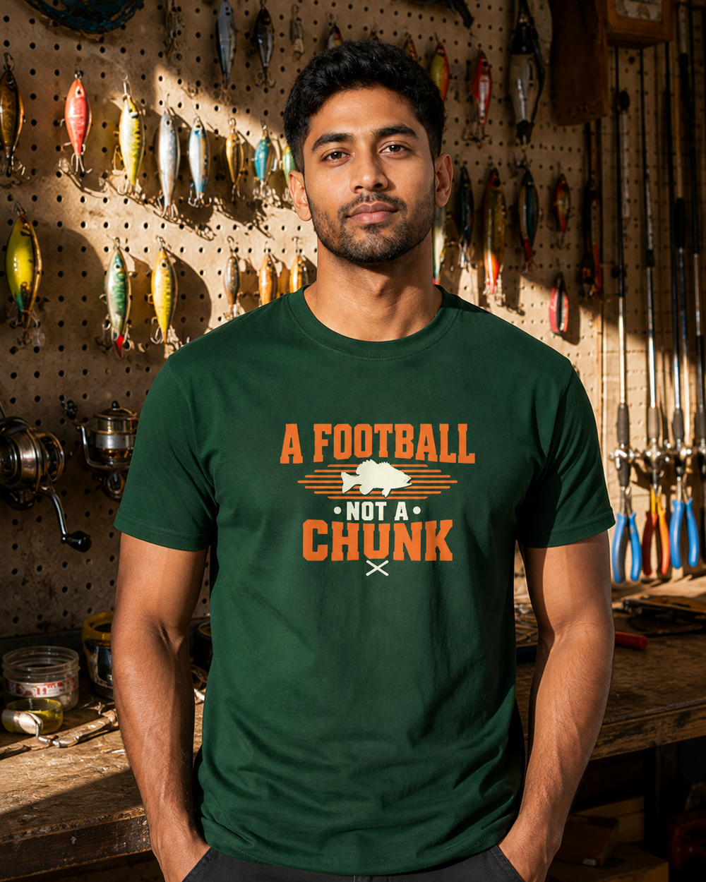 A Football Not A Chunk Two Tone tee — forest, worn, front