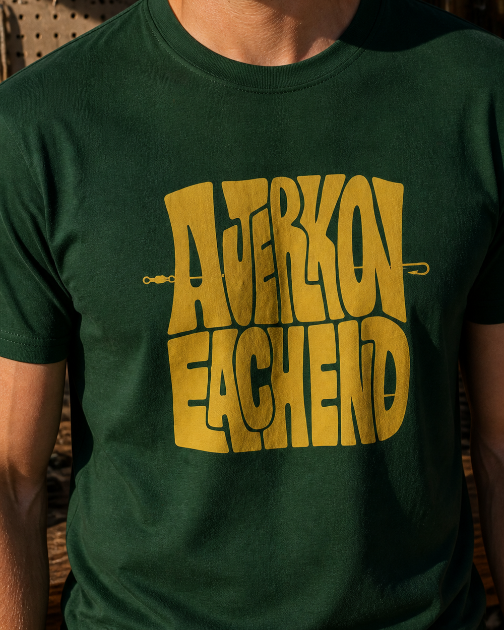 A Jerk On Each End tee — forest, worn, side